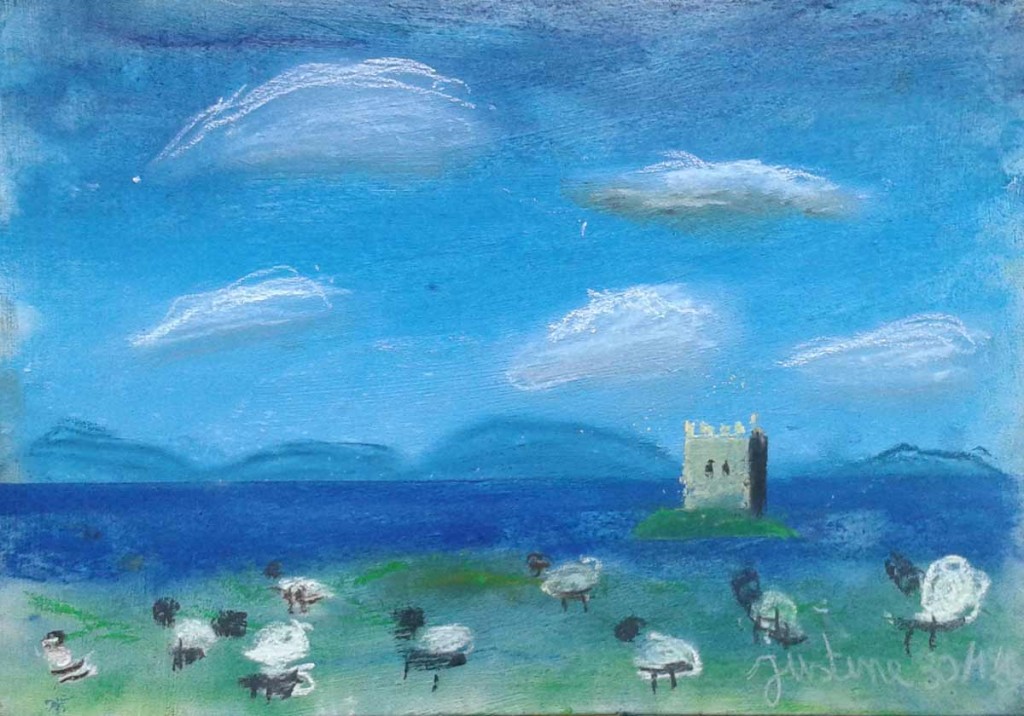 Moutons et chateau sur une île