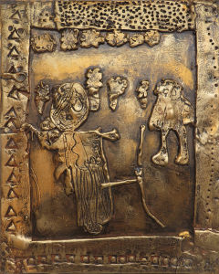 Bas-relief en argile dorée : Ulysse et Athéna